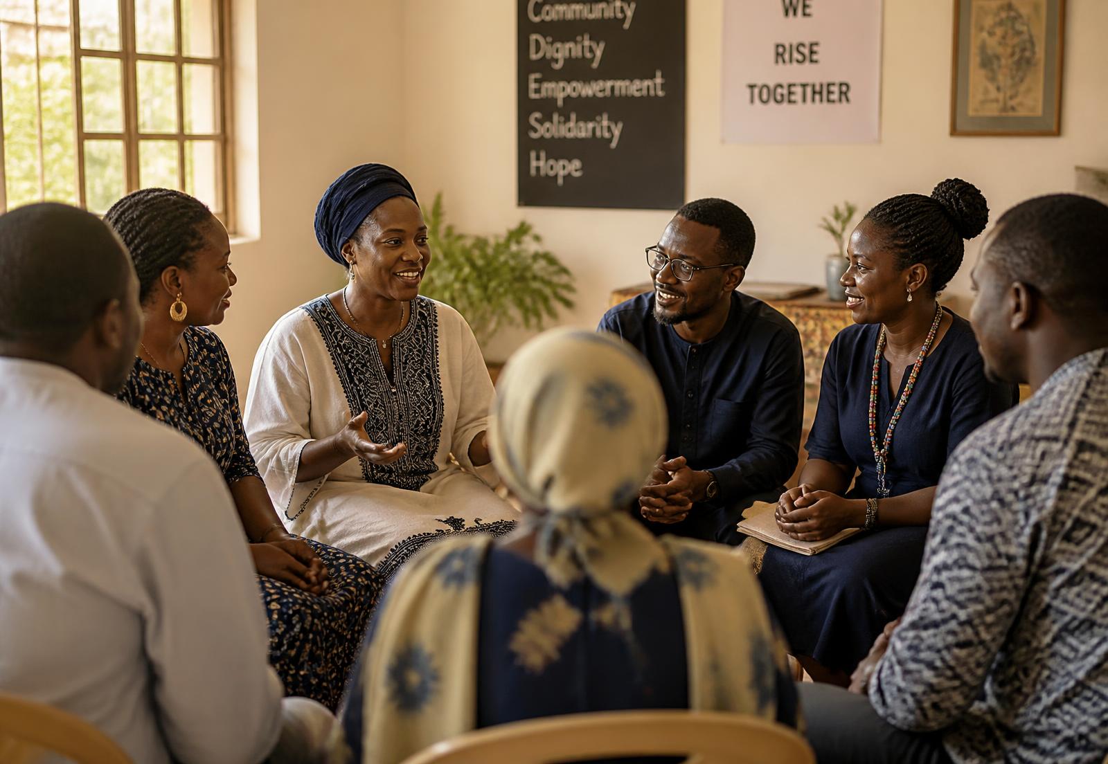 A small group of people sitting together in conversation in a sunlit room
